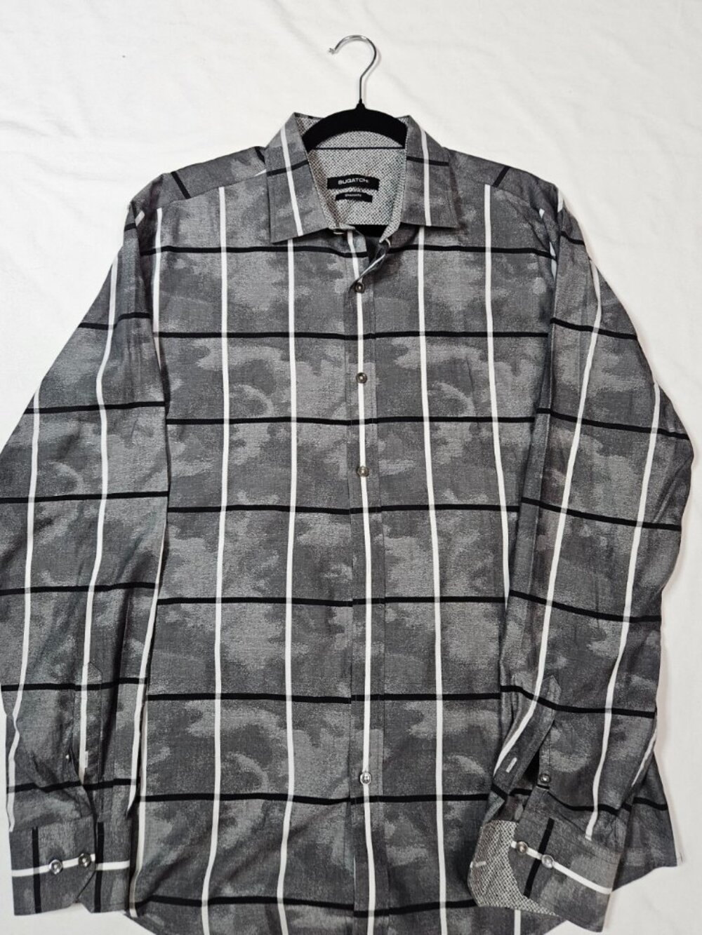 Bugatchi Modern Luxury Black & Charcoal Camo Striped Dress Shirt L 🖤🥷